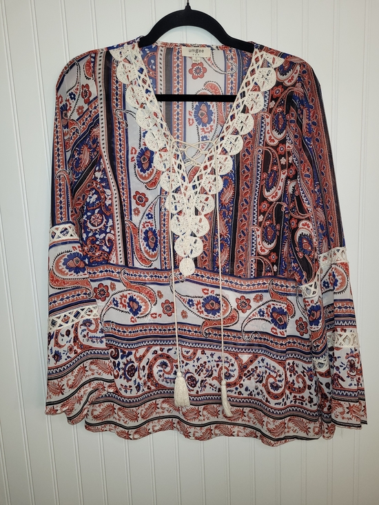 Umgee Tops - Umgee Boho Blue, Rust & Cream Paisley Peasant Lace-Up Top with Crochet Size S